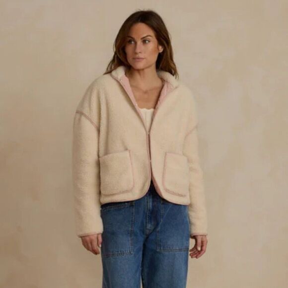 NWT! Rylee + Cru Women's Shearling Jacket Natural with Pink Piping Size Small - Picture 1 of 7